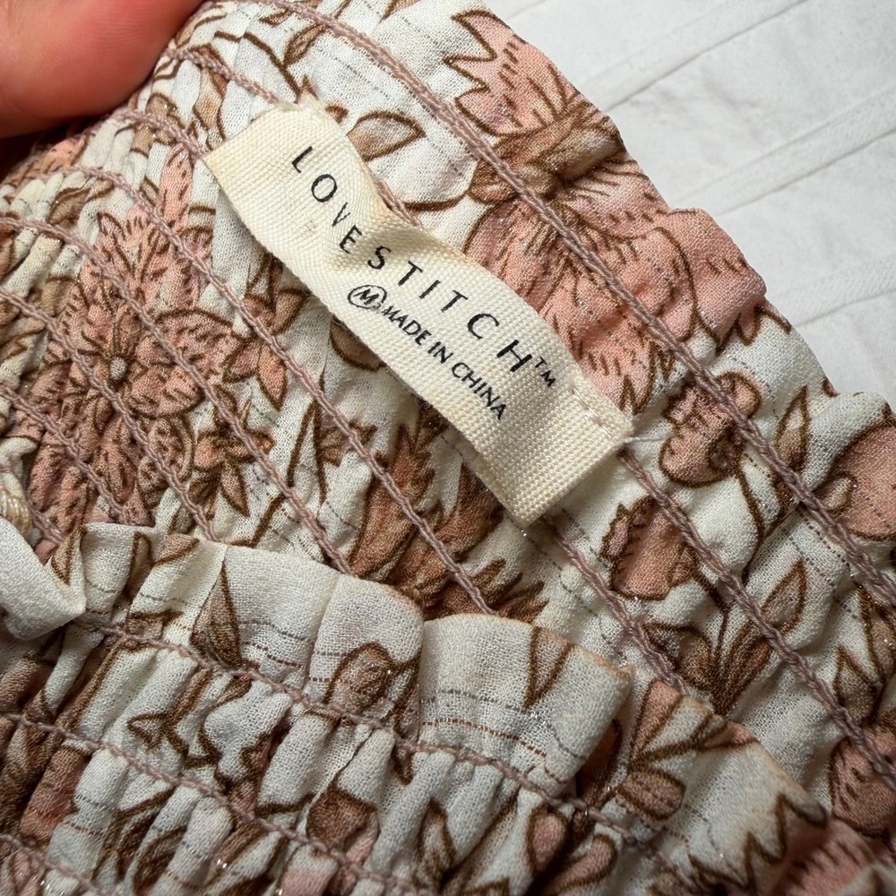 Lovestitch Dress Womens Medium Cream Floral Boho Off Shoulder Smocked Mini Lurex - Picture 6 of 7